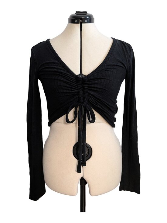 All Saints Tops - AllSaints Rina Black Ribbed Ruched Drawstring V-Neck Crop Top Only Women's S